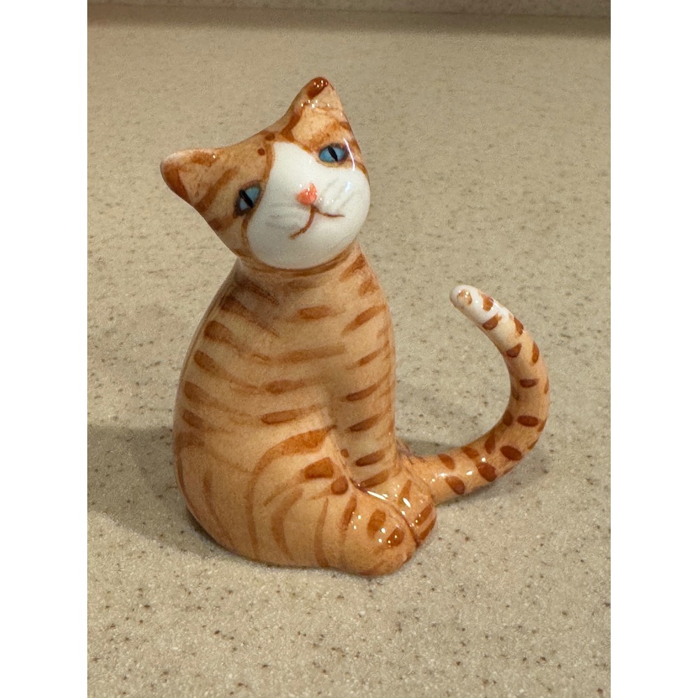 Vintage Fine Bone China Orange Tabby Cat Miniature Figurine Ginger Cat Blue Eyes